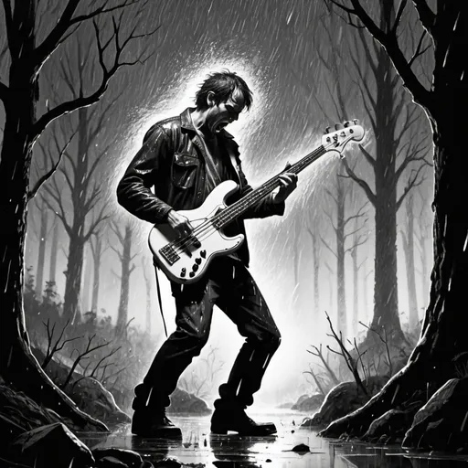 Prompt: a drawing in black and white of an angry guy  playing a bass guitar  at night in forests when it is raining