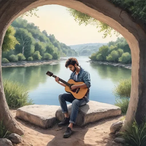 Prompt: a guiter drawing at a peaceful place