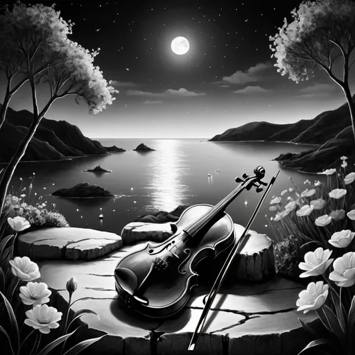 Prompt: a violin drawing with black and white at a peaceful place at night where there are flowers and an  ocean