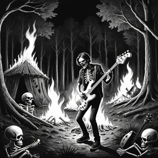 Prompt: a drawing in black and white of an angry guy  playing a bass guitar at a  place  that has skeletons on the ground at night in forests that is on fire