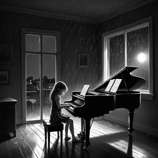Prompt: a drawing in black and white of a sad girl  playing a piano  at night in an empty room in when it is raining