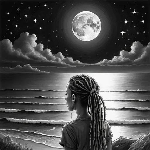 Prompt: a black and white drawing of a girl on a hoarse near
 an ocean
 looking at the moon and stars listening to earplugs with dreadlock
