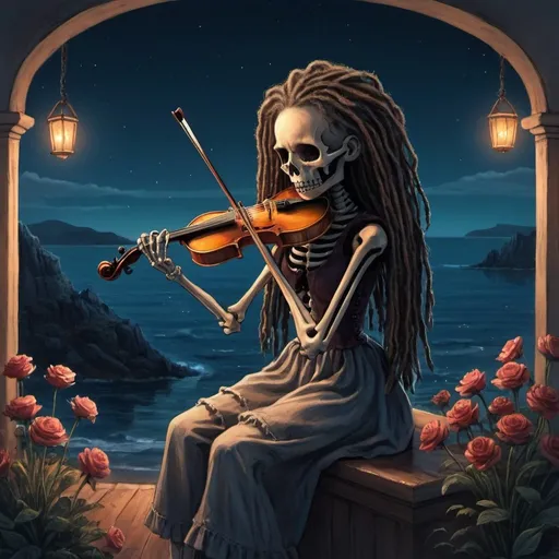 Prompt: a drawing of a lonely girl with dreadlocks playing a violin at a  place  that has skeletos at night where there are flowers and an  ocean