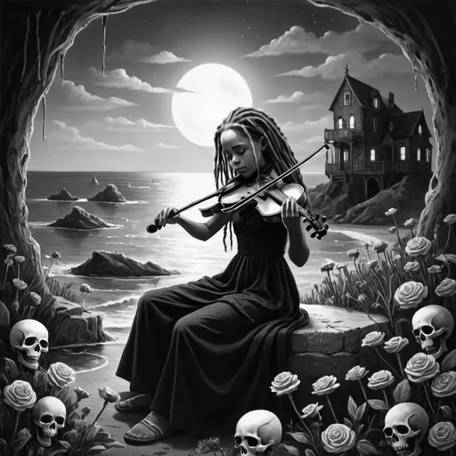 Prompt: a drawing in black and white of a lonely girl with dreadlocks playing a violin at a  place  that has skeletons all over at night where there are flowers and an  ocean