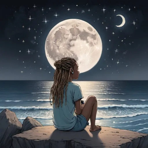 Prompt: a drawing of  a girl sitting near an ocean
 looking at the moon and stars listening to earplugs with dreadlock
