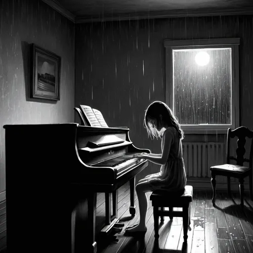 Prompt: a drawing in black and white of a sad girl  playing a piano  at night in an empty room in when it is raining