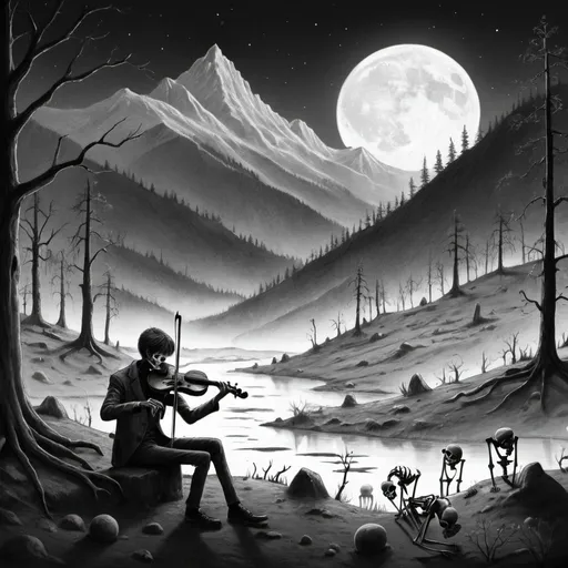 Prompt: a drawing in black and white of a lonely  playing a violin at a  place  that has skeletons on the ground at night on mountains and forests
