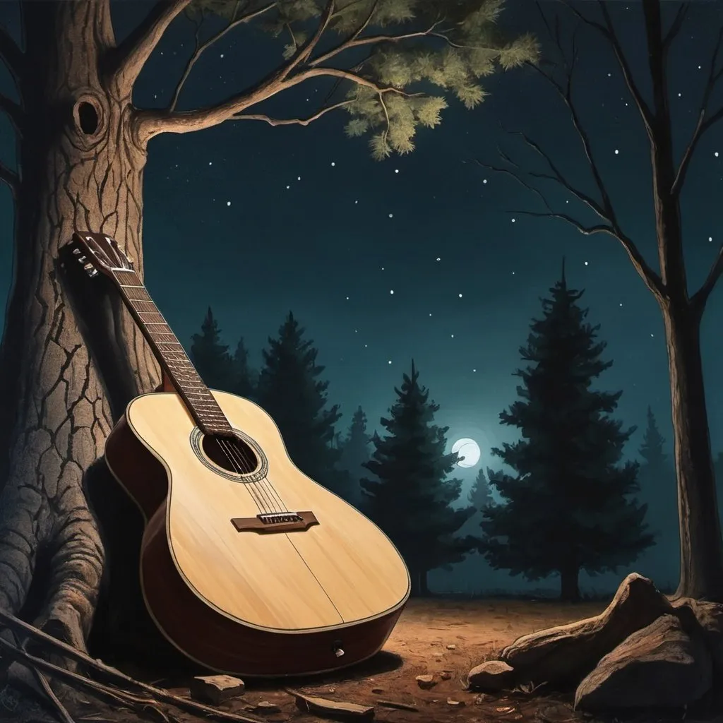 Prompt: a guitar laying by the tree  drawing at night on a forest 