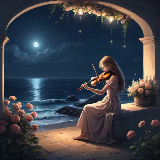 Prompt: a lonely girl playing a violin at a peaceful place at night where there are flowers and an  ocean