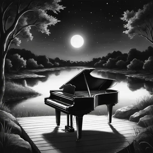 Prompt: a piano  drawing with black and white at a peaceful place at night