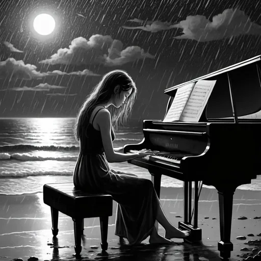 Prompt: a drawing in black and white of a sad lady  playing a piano  at night near the ocean when it is raining