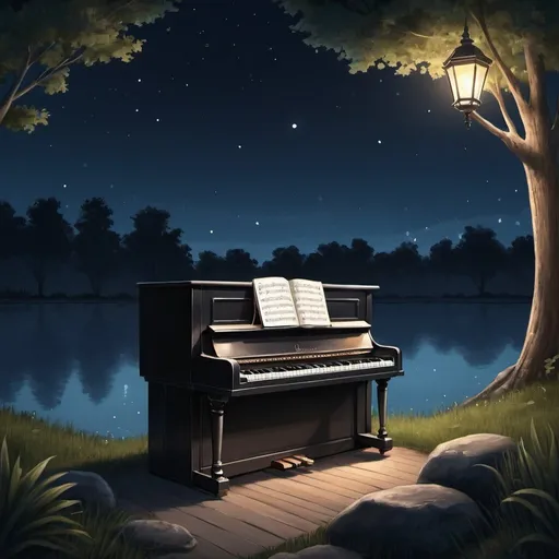 Prompt: a piano  drawing at a peaceful place at night