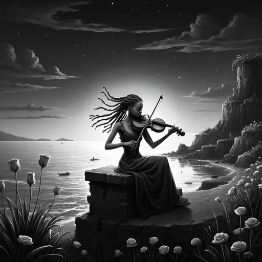 Prompt: a drawing in black and white of a lonely girl with dreadlocks playing a violin at a  place  that has skeletos at night where there are flowers and an  ocean
