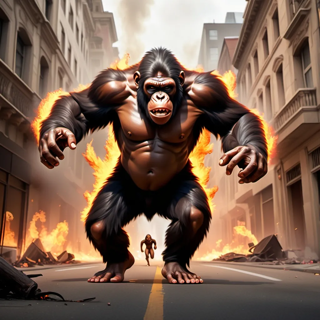 Prompt: an ape like monster with brown skin and a tail with big hands attacks. a city with fire punches and people running away and fire everywhwre