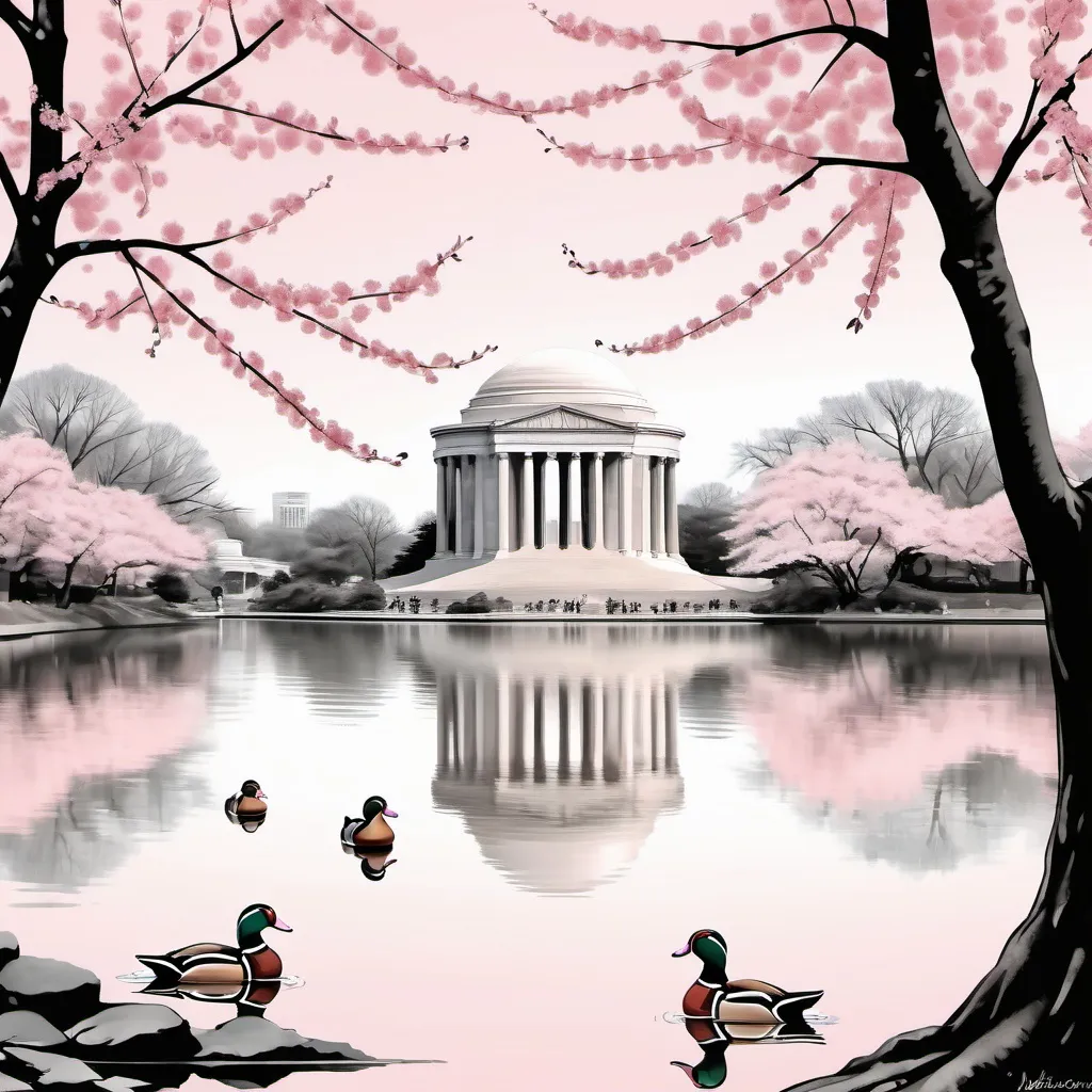 Prompt: black ink style, jefferson Monument, soft pink cherry blossoms) framing the view, 3 mandarin ducks gracefully swimming in the pond, (ink style), tranquil atmosphere, serene reflections on the water