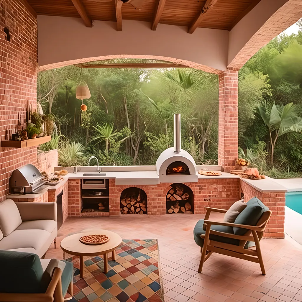 Prompt: a backyard outdoor kitchen in florida featuring a wood fire pizza oven overlooking a swimming pool and brick patio in the style of  <mymodel>