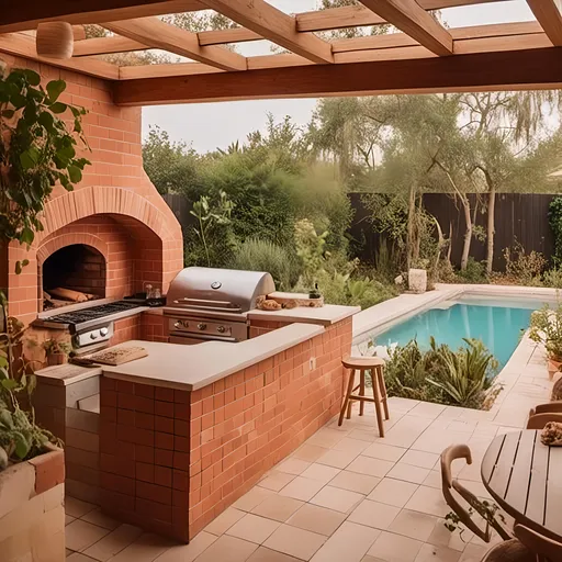 Prompt: a backyard outdoor kitchen in florida featuring a wood fire pizza oven overlooking a swimming pool and brick patio in the style of  <mymodel>