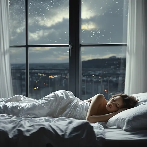 Prompt: Beautiful Woman, white nightgown,  sleeping in bed if shades of gray color, background is huge bedroom window revealing night sky