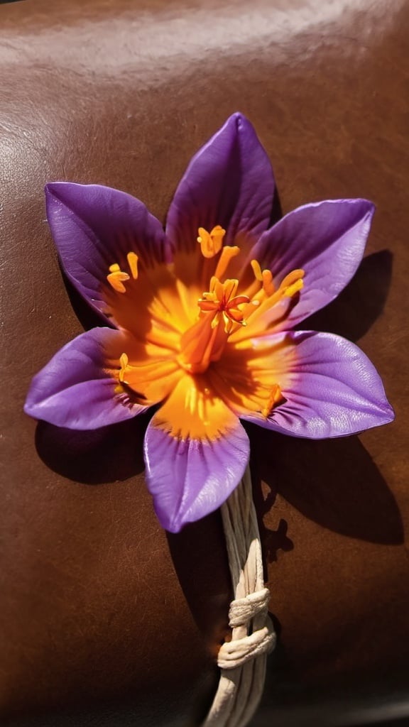 Prompt: saffron flower on leather 