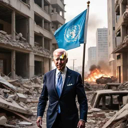 Prompt: Joe Biden trying to invade Celia for the United Nations, destroyed buildings, 90s, Russian flag, Syrian government, post-apocalyptic, political turmoil, intense atmosphere, highres, detailed, warzone, 90s style, dramatic lighting, political tension, dystopian, action-packed