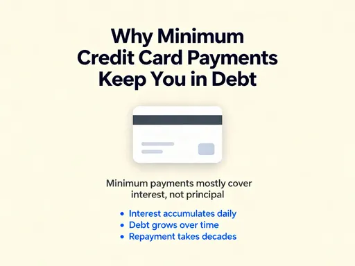Prompt: Minimalist financial infographic explaining why minimum credit card payments keep people in debt. Large bold headline, simple credit card icon, clean layout, soft beige or light background, blue and dark gray accent colors, modern flat design, professional and trustworthy tone. Instagram post ratio.