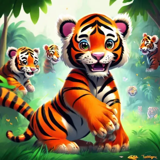 Prompt: Kid tiger playing at the park with other animals, digital painting, lush greenery, vibrant and lively atmosphere, high quality, detailed fur and features, playful and animated style, warm and bright tones, cheerful and natural lighting, park setting, joyful expression, interactive and friendly, colorful and energetic, playful tiger cub, fun-filled environment