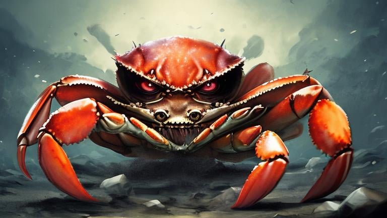 Prompt: Evil crab eating man