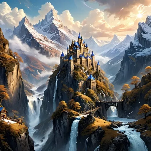 Prompt: "Create an image of an epic fantasy kingdom set in extremely high mountains, in the mountains that touch the heavens. The many houses that are majestic, with pointed roofs and golden details. The castle is imposing, with towers that seem to pierce the clouds, decorated with flags that flutter in the wind. The mountains are imposing and covered in snow, and the surrounding landscape is breathtaking, with dense forests and stunning waterfalls. The sky is a deep blue, with clouds that look like cotton wool. exude an air of grandeur and magic."