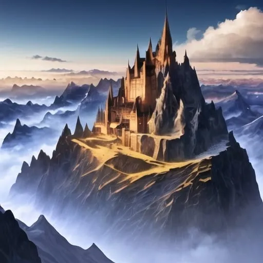 Prompt: "Create an image of an epic fantasy kingdom set in extremely high mountains, in the mountains that touch the heavens. The many houses that are majestic, with pointed roofs and golden details. The castle is imposing, with towers that seem to pierce the clouds, decorated with flags that flutter in the wind. The mountains are imposing and covered in snow, and the surrounding landscape is breathtaking, with dense forests and stunning waterfalls. The sky is a deep blue, with clouds that look like cotton wool. exude an air of grandeur and magic."