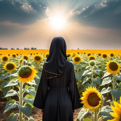 Prompt: A girl with black abaya on her head looking to a bright light with feild full of sunflowers