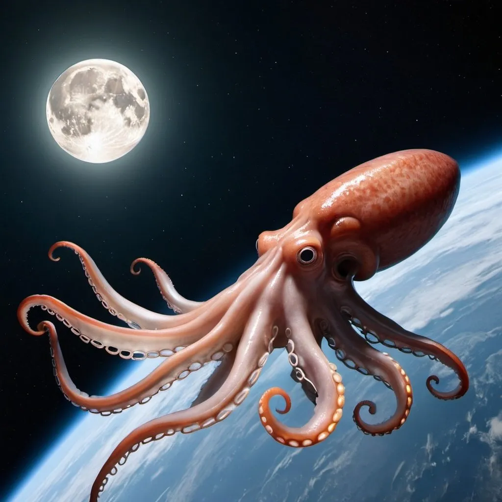 Prompt: a giant squid that's in space just before it east the moon