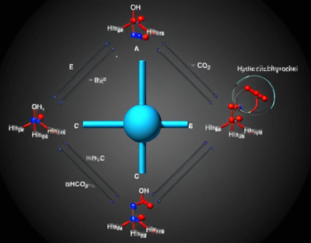 Prompt: Main Structure: draw a rectangle to represent the carbonic anhydrase enzyme.
Active Site: Inside the rectangle, draw a smaller shape (e.g., a circle) to represent the active site.
Components:
Place a circle inside the active site to represent the zinc ion (Zn^2+).
Surround the zinc ion with smaller circles or water drop shapes to represent coordinated water molecules.
Depict the nucleophilic attack of OH^- on carbon dioxide (CO2) to form bicarbonate ion (HCO3^-).
Show the displacement of bicarbonate ion by a water molecule.
Illustrate the proton transfer reaction where a proton from the water molecule is transferred to the zinc-bound hydroxide ion, regenerating the active site.
Labeling:
Label each component and step .
Label the steps of the catalytic mechanism (e.g., nucleophilic attack, proton transfer).
Annotation and Explanation:
Add a brief explanation of each step of the mechanism and the role of carbonic anhydrase as a catalyst.
Styling and Formatting:
Use appropriate colors, line thickness, and fonts to make the diagram visually appealing and easy to understand.