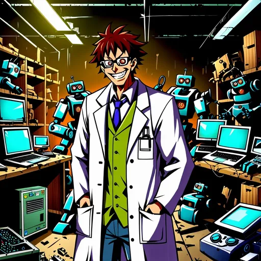 Prompt: anime, An evil and crazy Mad scientist Vtuber who invents mechanical constructs and calls his viewers robots. He has a confident and manic grin, with a labcoat on, glasses that cover his eyes. he is in a dilapidated warehouse with gadgets in the background