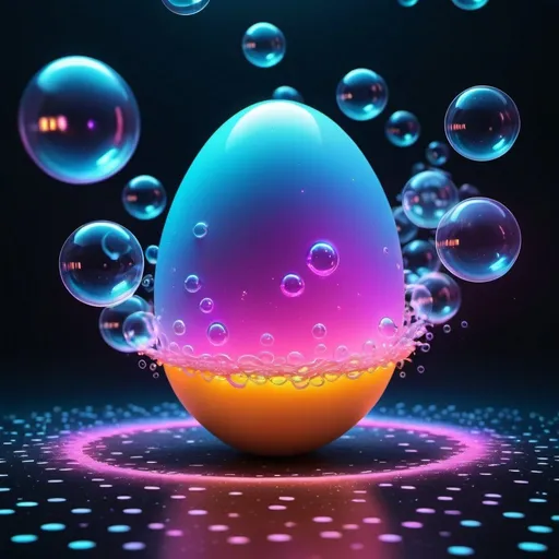 Prompt: Flying egg surrounded by bubbles, background filled with program codes and algorithms, high-quality digital art, surreal, vibrant and dreamy, futuristic neon lighting, detailed textures, floating bubbles, egg in motion, dynamic composition, coding atmosphere, vibrant colors, detailed digital rendering, futuristic style, surreal lighting, best quality