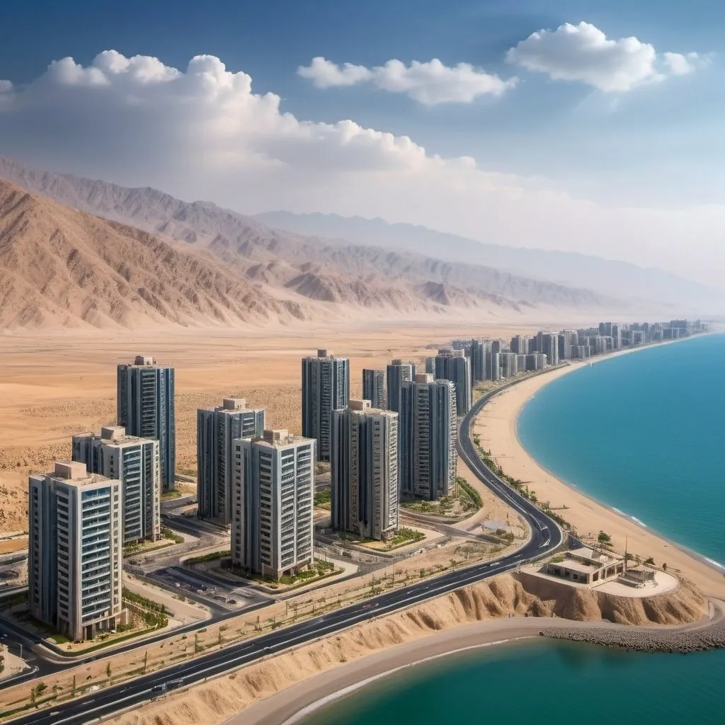 Prompt: Landscape of a tropical new city, located in southern part of Iran, along the sea, adjacent to mountains, very high humidity, modern infrastructure, smart city, 