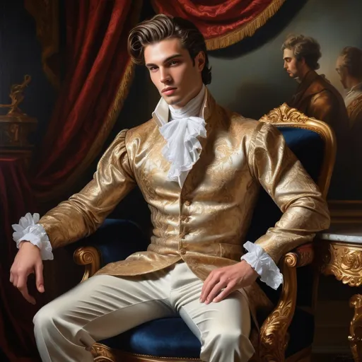 Prompt: Baroque-style oil painting of a distinguished male fashion model, rich textures and intricate details, opulent and luxurious attire, impeccable posture and confident expression, dramatic lighting and deep shadows, aristocratic setting with ornate furniture and lavish draperies, masterfully crafted, realistic portrayal, regal atmosphere, high quality, baroque, oil painting, male fashion model, opulent attire, dramatic lighting, aristocratic setting, regal atmosphere, rich textures