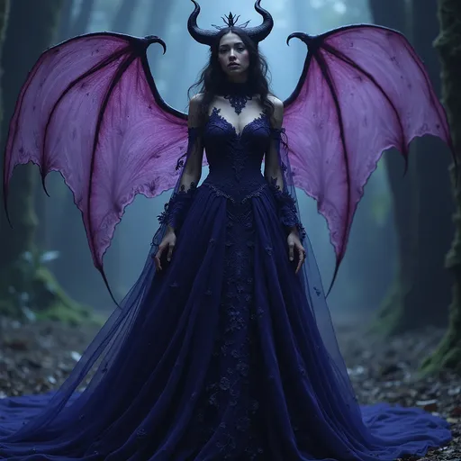 Prompt: (Beautiful demon), elegant gown, intricate details in fabric, ethereal aura, dark enchanting ambiance, rich jewel tones like deep purple and midnight blue, intricate lace, surrounded by an otherworldly background, high detail, visually stunning, cinematic lighting, ultra-detailed, mystical theme.