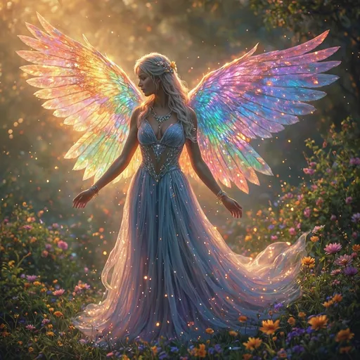 Prompt: Rainbow goddess, ethereal and radiant, vibrant rainbow hues cascading like a shimmering waterfall, intricate flowers and shimmering light surround her, warm and inviting atmosphere, majestic wings that reflect various shades, lush greenery in the background, ultra-detailed with stunning highlights, capturing the essence of enchantment and divinity, 4K quality, magical and serene ambiance.