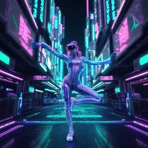 Prompt: (Dancing hologram), action pose, (cyberpunk aesthetic), (neon lights) illuminating the surroundings, soft holographic hues, fragmented reflections, moody atmosphere, intricate details throughout, futuristic cityscape background, high-contrast lighting adding drama, (ultra-detailed) features, evocative and engaging composition, artistic flow transcending reality, 4K quality ensuring stunning visual clarity.