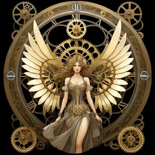 Prompt: (Clockwork angel), intricate mechanical wings, elegant gears intertwined, clockwork clothing, golden patina, ethereal glow, wisps of steam, serene expression, halo of delicate cogs, set against a dark atmospheric background, faint glimmering lights illuminating, mystical, enchanting, highly detailed, fantasy art style, invoking a sense of wonder, 4K, ultra-detailed.