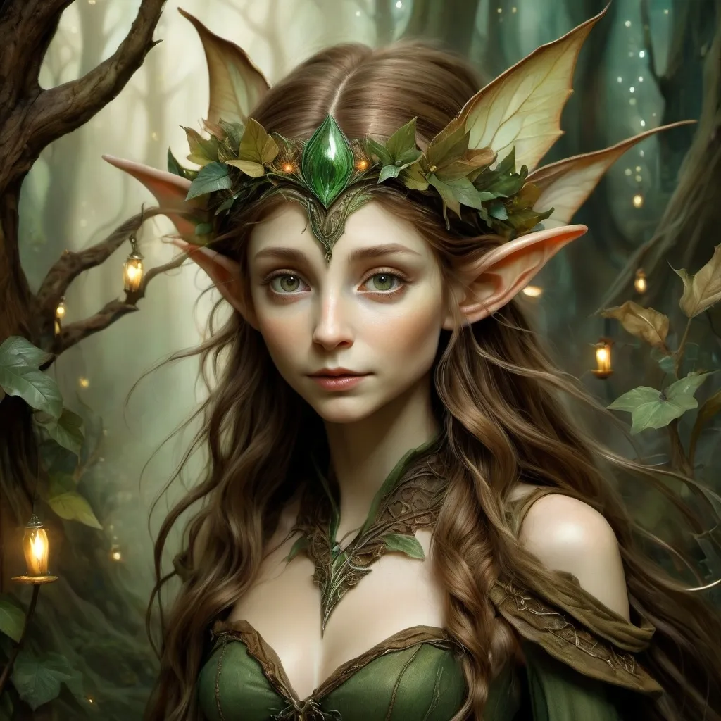 Prompt: (Elf), inspired by (Brian Froud) style, intricate details, whimsical features, earthy tones, rich greens, muted browns, ethereal quality, enchanted forest background, shimmering lights, magical ambiance, magical creatures, highly imaginative composition, intricate costumes, bringing fantasy alive, captivating expressions, ultra-detailed, HD.