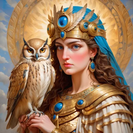 Prompt: Goddess Athena with a little owl, oil painting, majestic and wise portrayal, vibrant and regal colors, intricate details, high quality, classical art style, warm tones and soft lighting, detailed facial features, golden armor and elegant robes, ancient Greek mythology