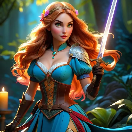 Prompt: Fairytale hero for hire, sword maiden, cinematic, highly detailed, magical realism, enchanting atmosphere, luminous lighting, vibrant colors, whimsical and adventurous, dynamic pose, intricate costume design, ultra-detailed, high resolution, 4K, professionally rendered