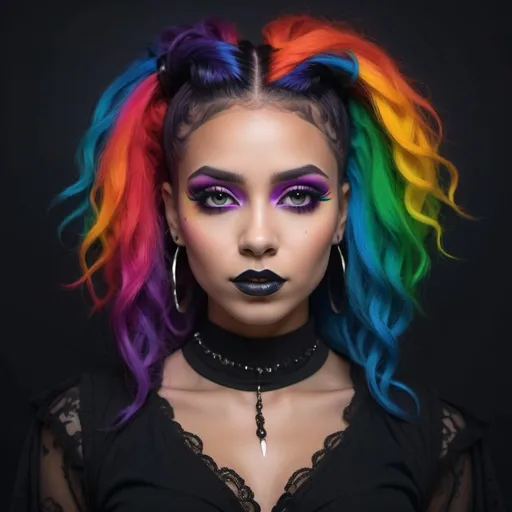 Prompt: (rainbow, mixed race goth girl),  vibrant colors, fusion of gothic and rainbow styles, striking contrast, unique hairstyle, bold makeup, expressive clothing with dark and colorful elements, moody atmosphere, soft dramatic lighting, background filled with mystical elements, (4K) ultra-detailed, captivating expression, artistic blend of emotions and aesthetic styles