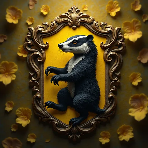 Prompt: (Hufflepuff insignia), detailed badger emblem, vibrant yellow and black color scheme, intricate design, warm and inviting ambiance, 4K resolution, ultra-detailed, contrasting textures, inspired by fantasy themes, background filled with soft magical elements, represents loyalty and hard work, striking and impactful visual identity.