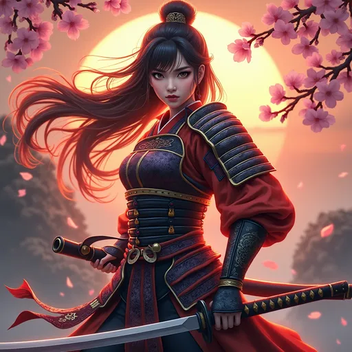 Prompt: (Female samurai), striking pose, detailed armor adorned with intricate patterns, fierce expression, dramatic flowing hair, (vibrant colors), traditional katana in hand, (dynamic composition), set against a serene Japanese landscape with cherry blossoms, the sun setting in the background, overall atmosphere: powerful and majestic, ultra-detailed, HD quality.