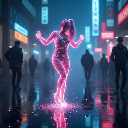 Prompt: (Dancing hologram), action pose, (cyberpunk aesthetic), (neon lights) illuminating the surroundings, soft holographic hues, fragmented reflections, moody atmosphere, intricate details throughout, futuristic cityscape background, high-contrast lighting adding drama, (ultra-detailed) features, evocative and engaging composition, artistic flow transcending reality, 4K quality ensuring stunning visual clarity.