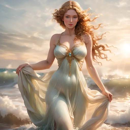 Prompt: Birth of Aphrodite, full body, forward facing pose, sea foam, goddess emerging from sea, ethereal beauty, serene expression, warm natural lighting, high quality, classical, Renaissance, serene, warm tones, detailed features, elegant pose