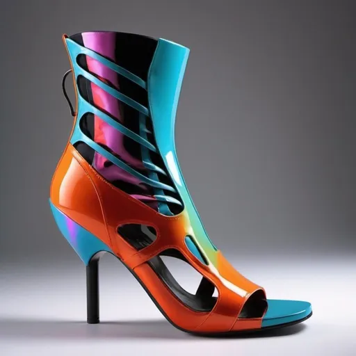 Prompt: Experimental fashion including shoes, avant-garde, surreal, high-concept, futuristic materials, distorted silhouettes, vivid colors, unconventional textures, abstract lighting, high quality, ultra-modern, avant-garde, surreal, futuristic, vivid colors, abstract lighting, experimental design
