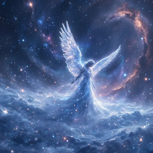 Prompt: Intergalactic snow angel, a stunning cosmic landscape filled with glowing stars and swirling nebulas, ethereal snowflakes dancing through the air, a magical blend of blues and violets, creating a serene atmosphere, ultra-detailed, incorporating elements of galaxies and faraway planets in the background, a dreamy winter wonderland with a celestial twist, 4K, mesmerizing luminosity.